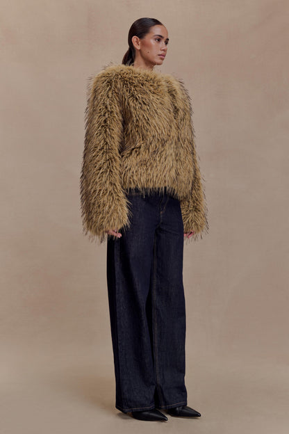 Ottie Mongolian Faux Fur Cropped Jacket - Brown Multi