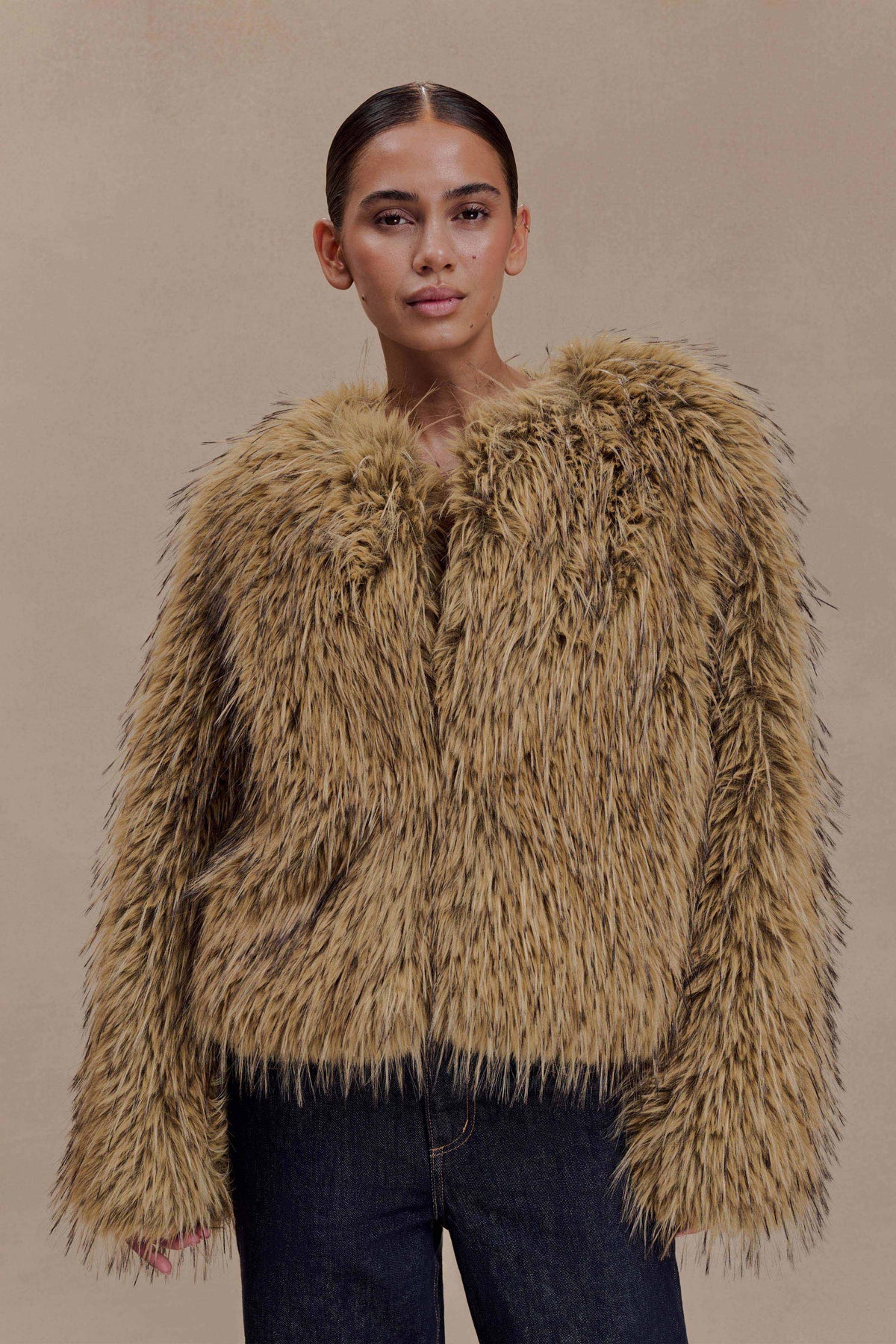 Ottie Mongolian Faux Fur Cropped Jacket - Brown Multi