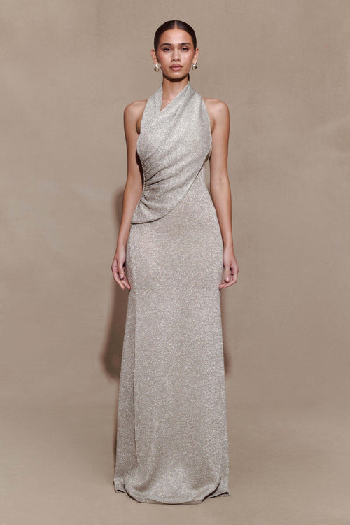 Elma Lurex Knit Halter Maxi Dress - Silver