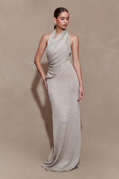 Elma Lurex Knit Halter Maxi Dress - Silver