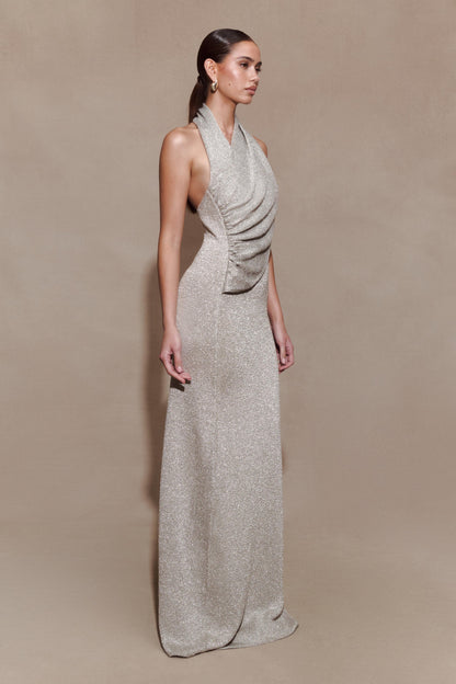 Elma Lurex Knit Halter Maxi Dress - Silver