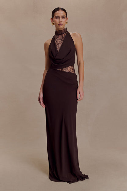 Arra Chiffon And Lace Halter Maxi Dress - Cacao Brown
