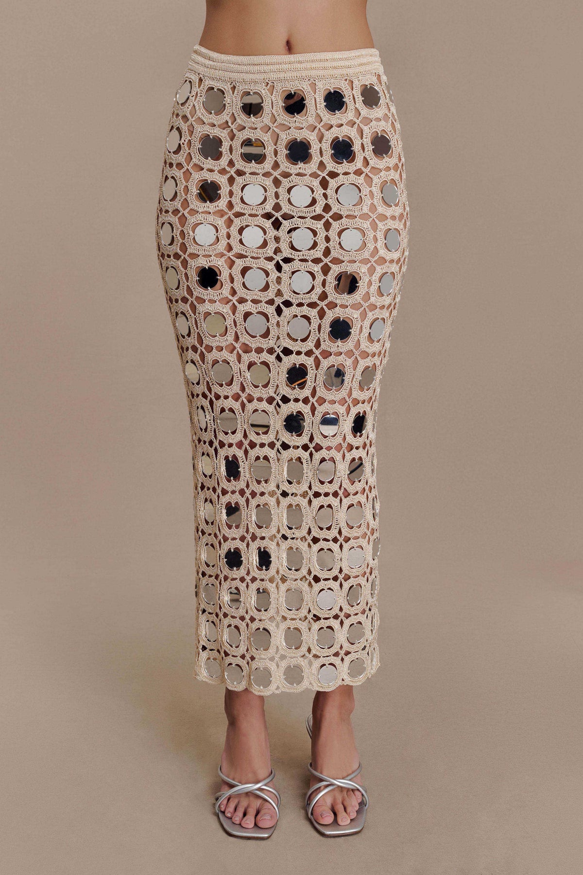 Noel Mirror Knit Midi Skirt - Beige