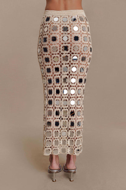Noel Mirror Knit Midi Skirt - Beige