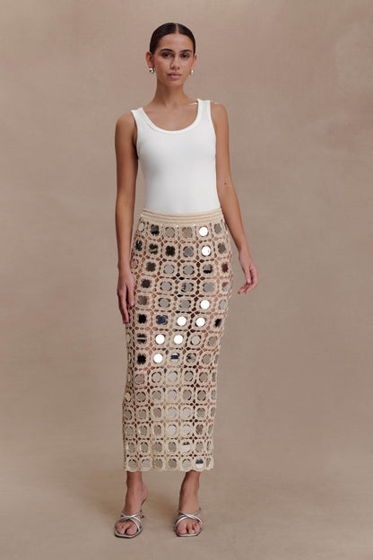 Noel Mirror Knit Midi Skirt - Beige