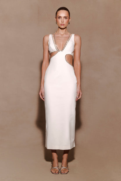Henny Diamante Trim Cut Out Midi Dress - White