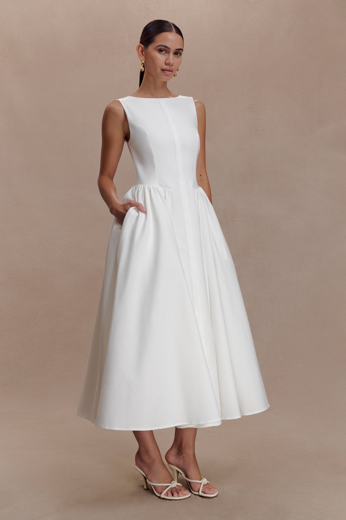 Monika Gathered Waist Cotton Midi Dress - White