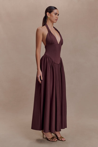 Angelina Scuba Halter Midi Dress - Chocolate