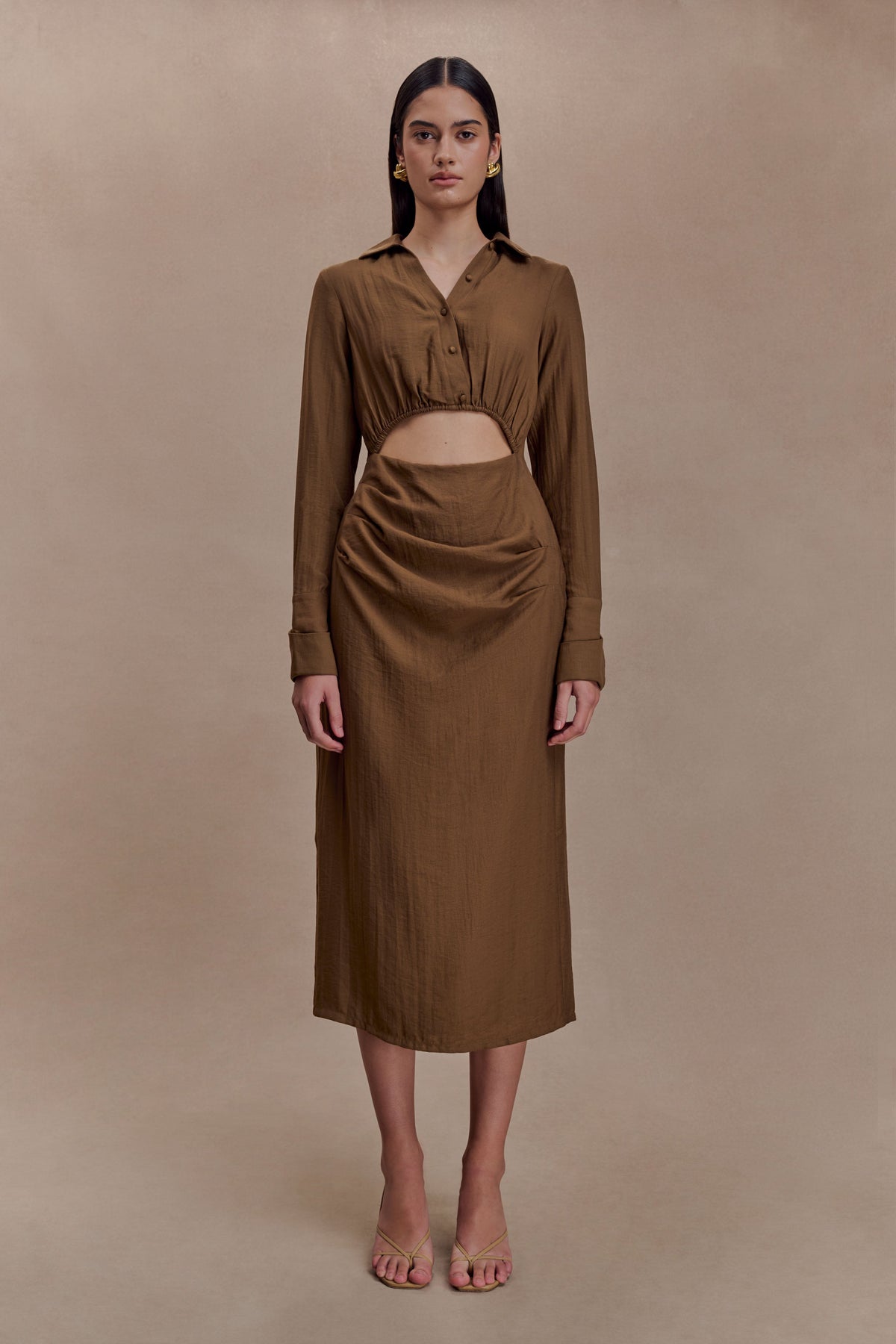 Cecilie Cut Out Shirt Midi Dress - Dark Chocolate