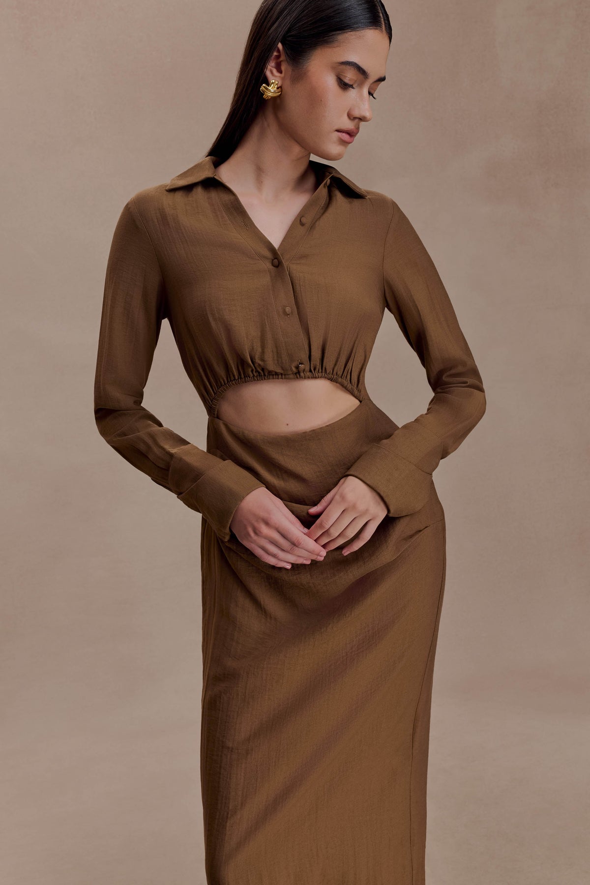 Cecilie Cut Out Shirt Midi Dress - Dark Chocolate