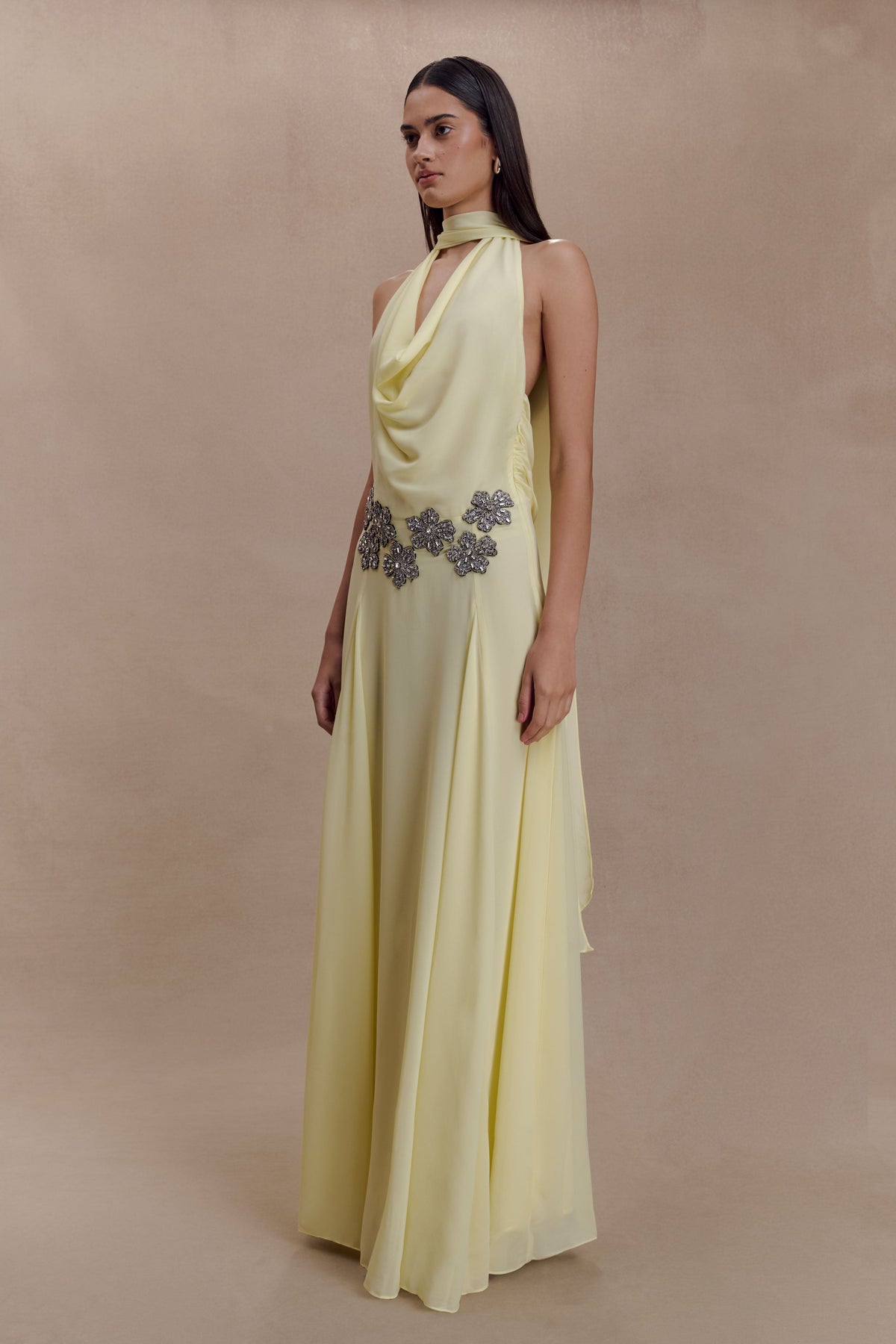 Santal Floral Chiffon Halter Maxi Dress - Lemon