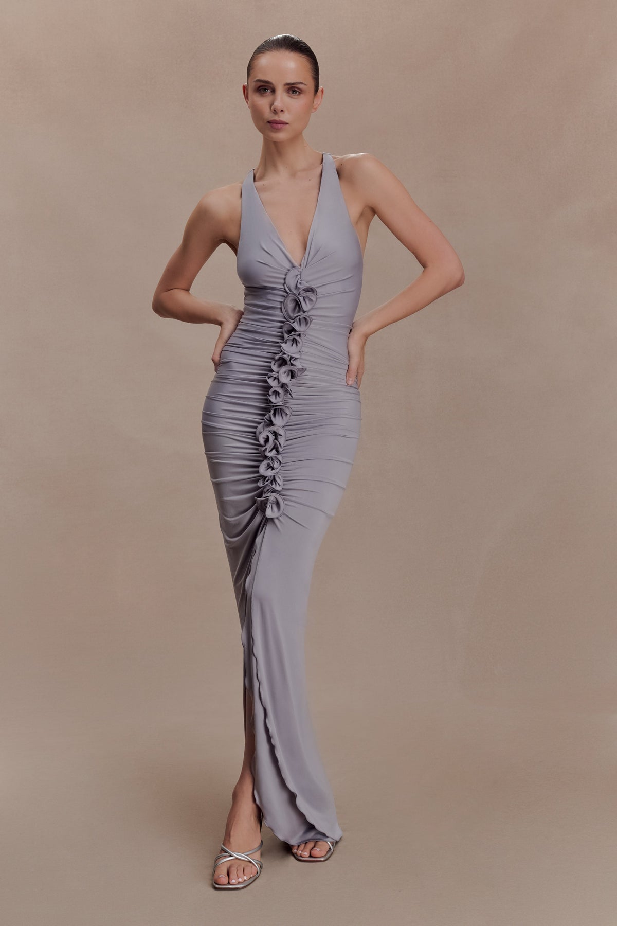 Alessandra Slinky Ruffle Maxi Dress - Grey