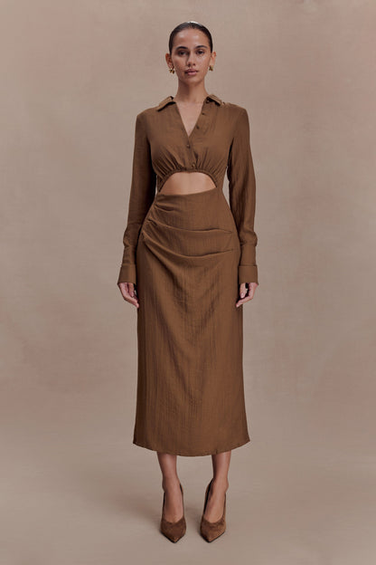 Cecilie Cut Out Shirt Midi Dress - Dark Chocolate