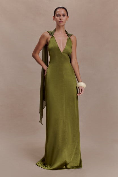 Myla Draped Shoulders Satin Maxi Dress - Khaki