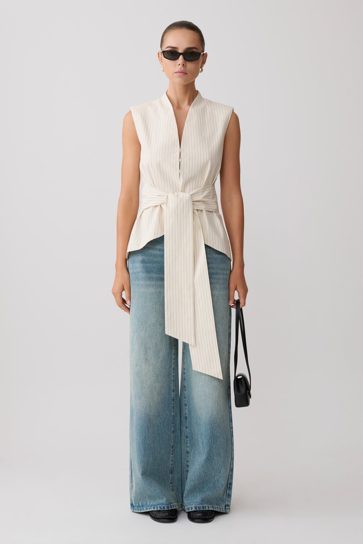 Alina Waist Tie Sleeveless Top - Stripe