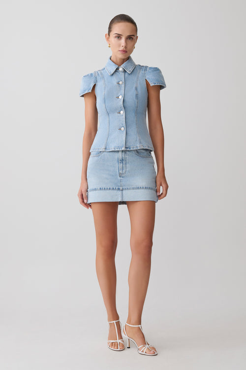 Bently Short Sleeve Denim Top - Washed Light Blue