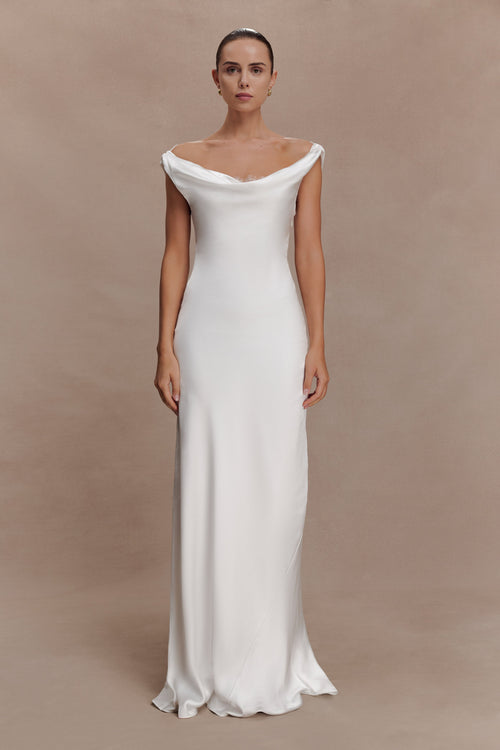 Ashley Cowl Neck Lace And Satin Maxi Dress - Ivory