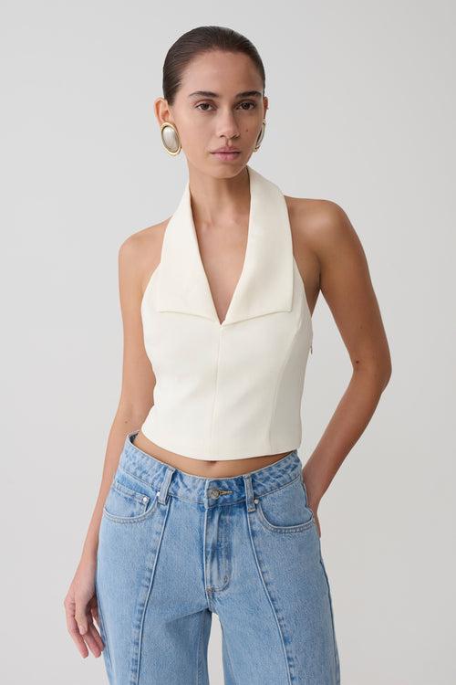 Calla Collared Sleeveless Halter Top - Ivory