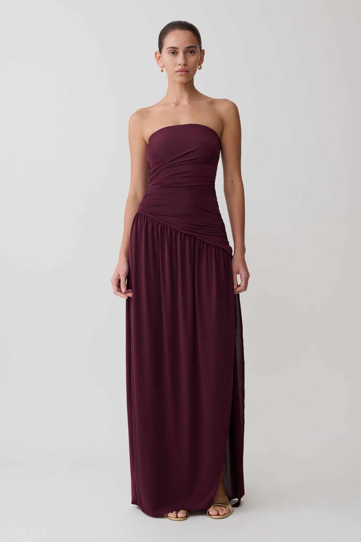 Bex Strapless Slinky Maxi Dress With Split - Burgundy