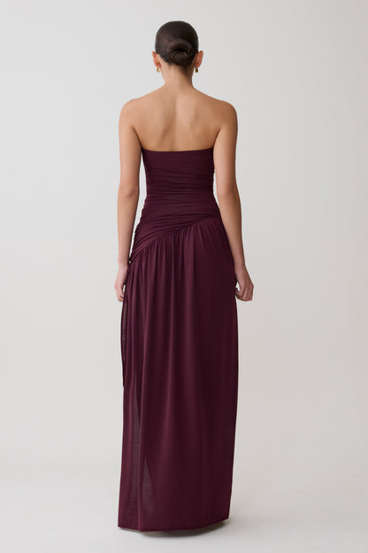 Bex Strapless Slinky Maxi Dress With Split - Burgundy