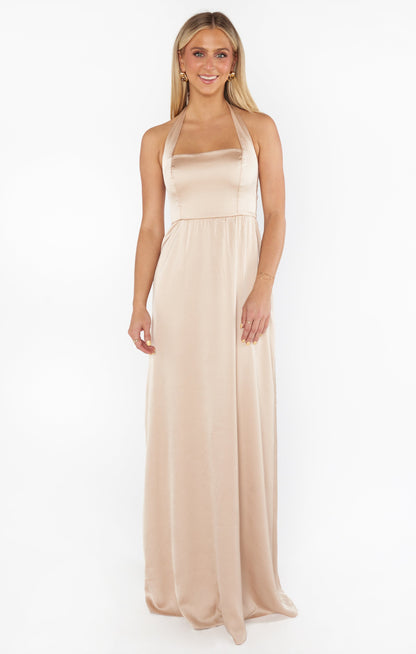 Hazel Halter Maxi Dress ~ Champagne Luxe Satin