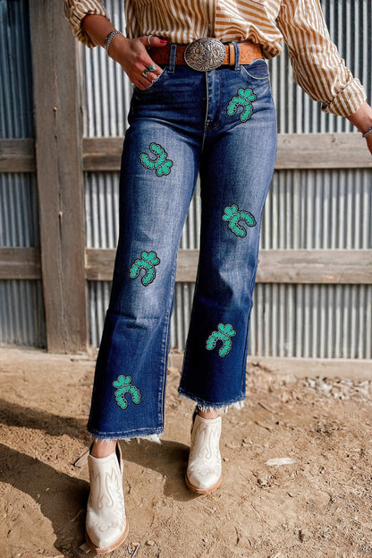Hazel Blues® |  Sail Blue Turquoise Pattern Raw Edge Cropped High Waist Jeans