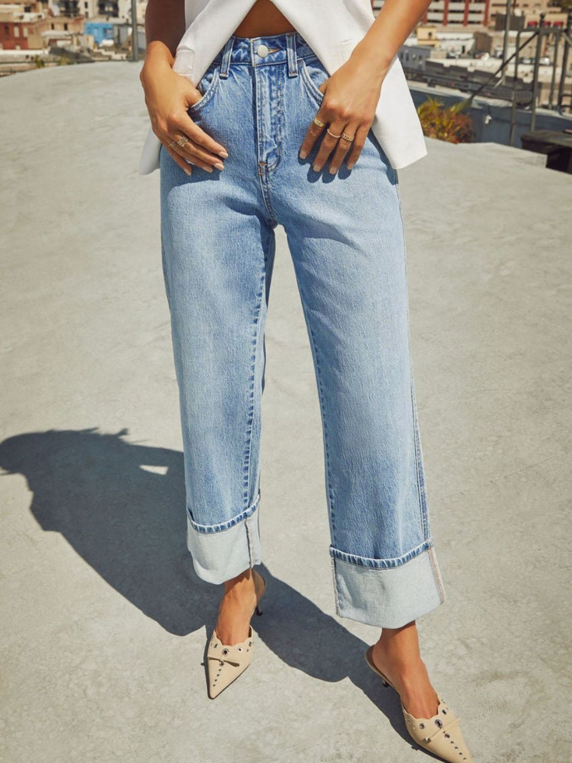 Hazel Blues® |  High Waisted Straight Leg Rolled Jeans