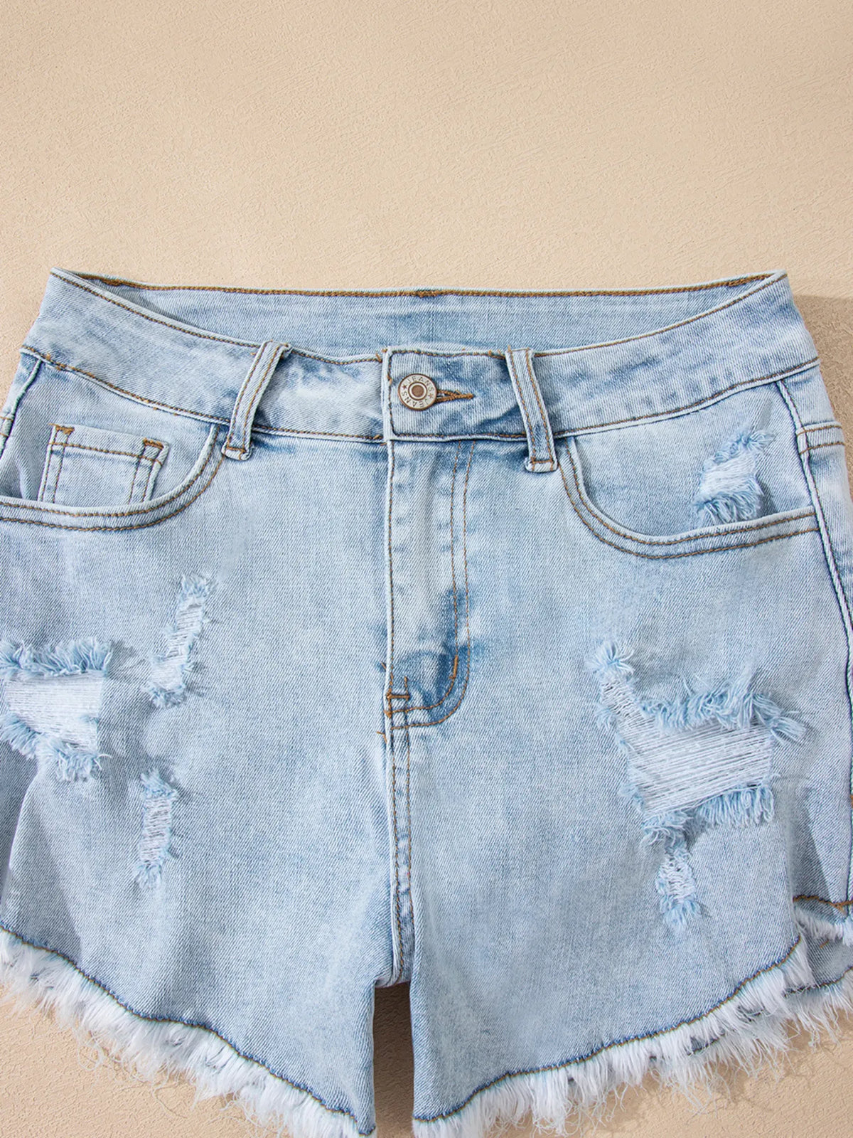 Hazel Blues® |  High Rise Distressed Raw Hem Denim Shorts