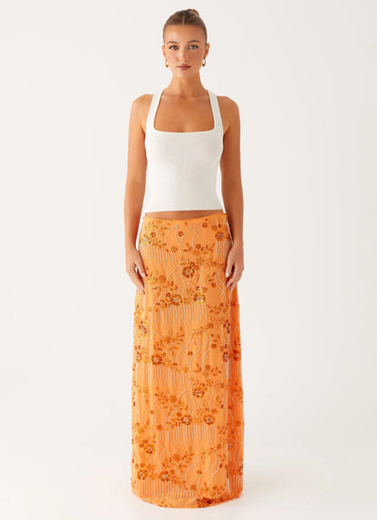 Corinna Low Rise Sequin Maxi Skirt Orange