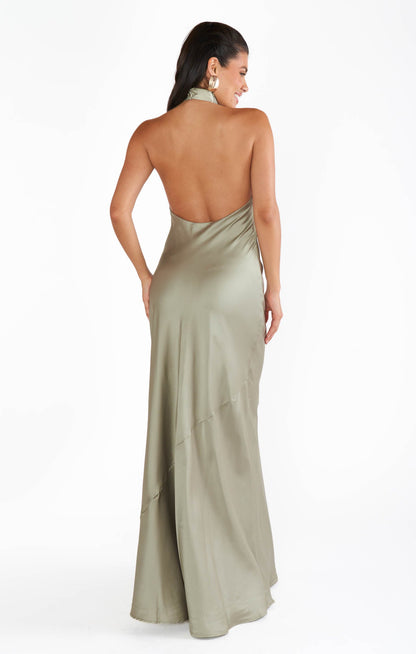 Jasmine Halter Maxi Dress ~ Moss Green Luxe Satin