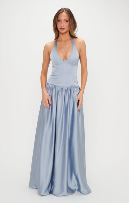 Eliza Maxi Dress ~ Steel Blue Luxe Satin