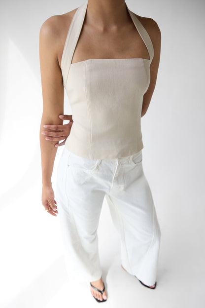LINEN BLEND HALTER SQUARE NECK TOP