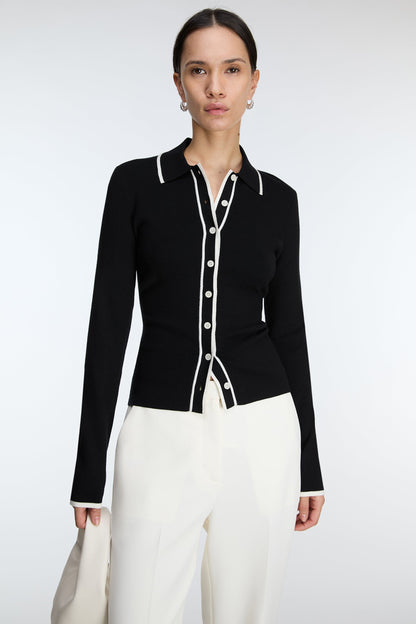 CONTRAST TRIM BUTTON FRONT COLLARED CARDIGAN