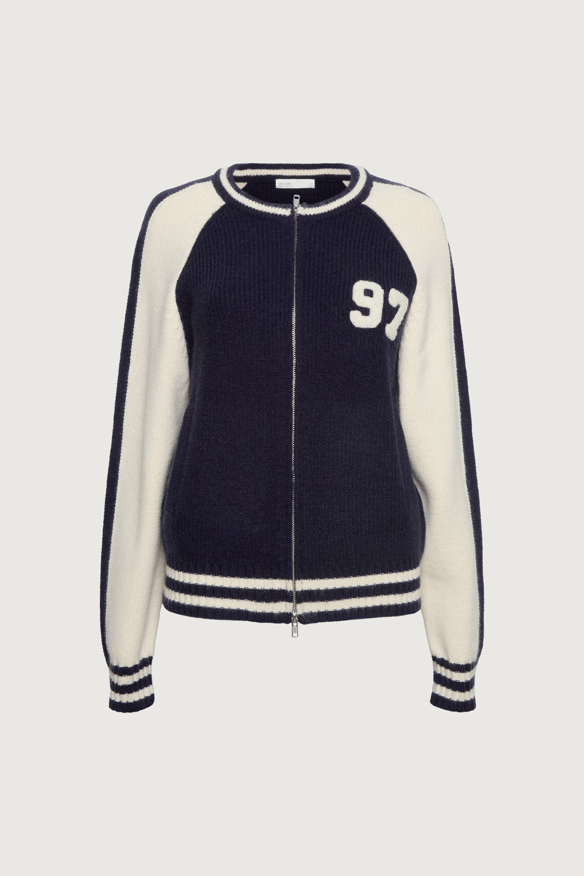 TWO TONE VARSITY ZIP-UP KNIT CARDIGAN