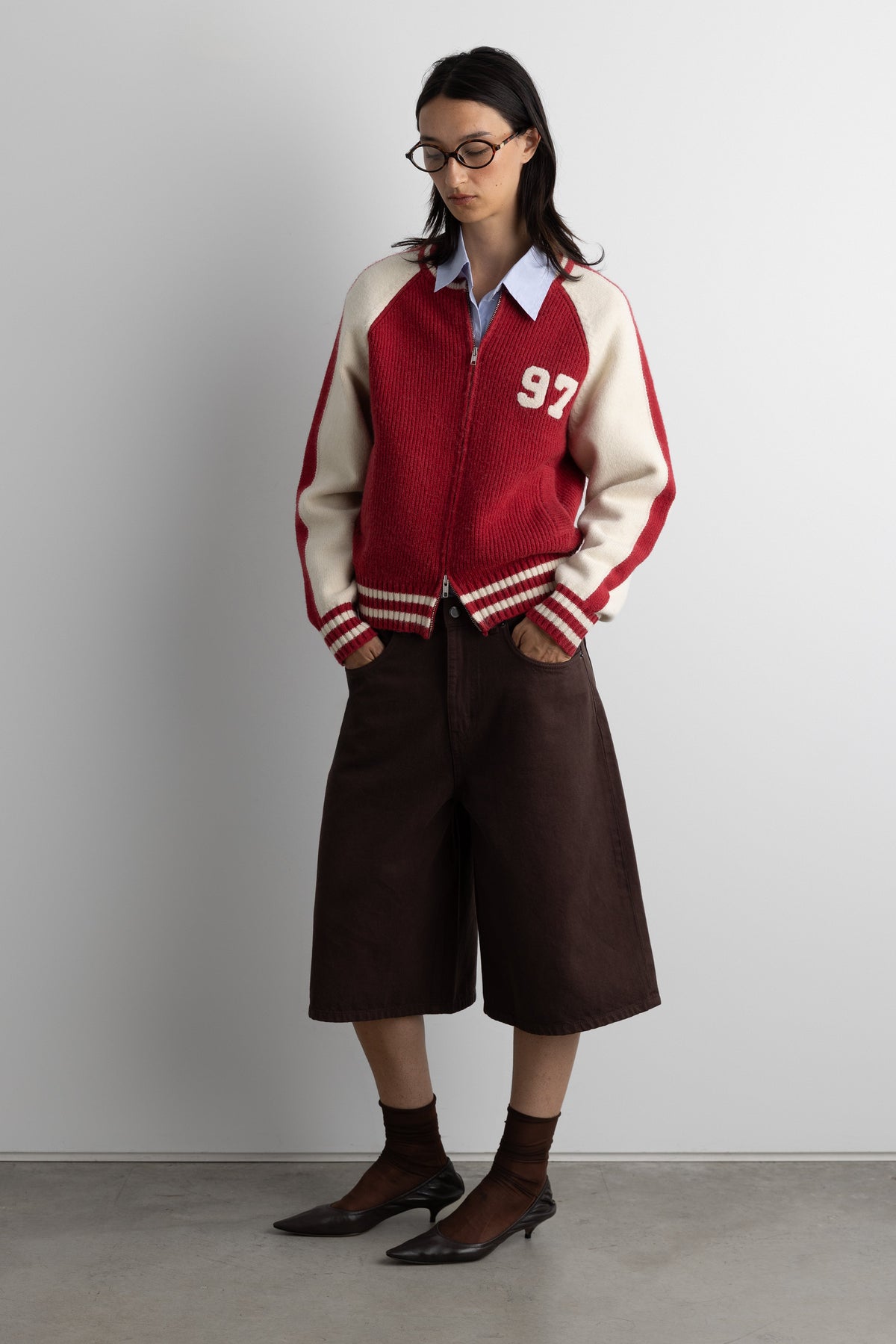 TWO TONE VARSITY ZIP-UP KNIT CARDIGAN