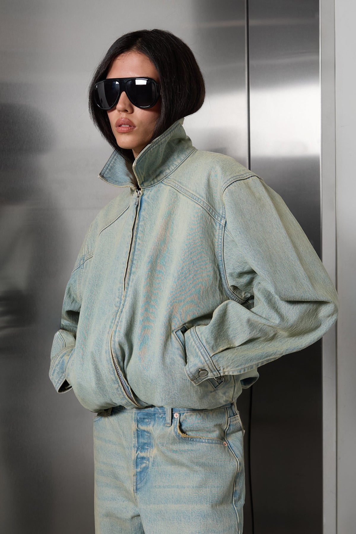 COLLARED DENIM BOMBER JACKET