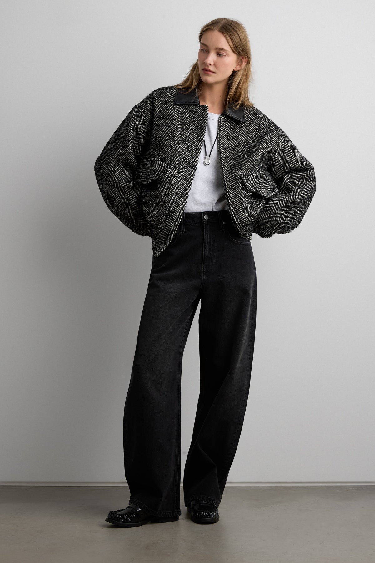 WOOL BLEND HERRINGBONE BOMBER JACKET