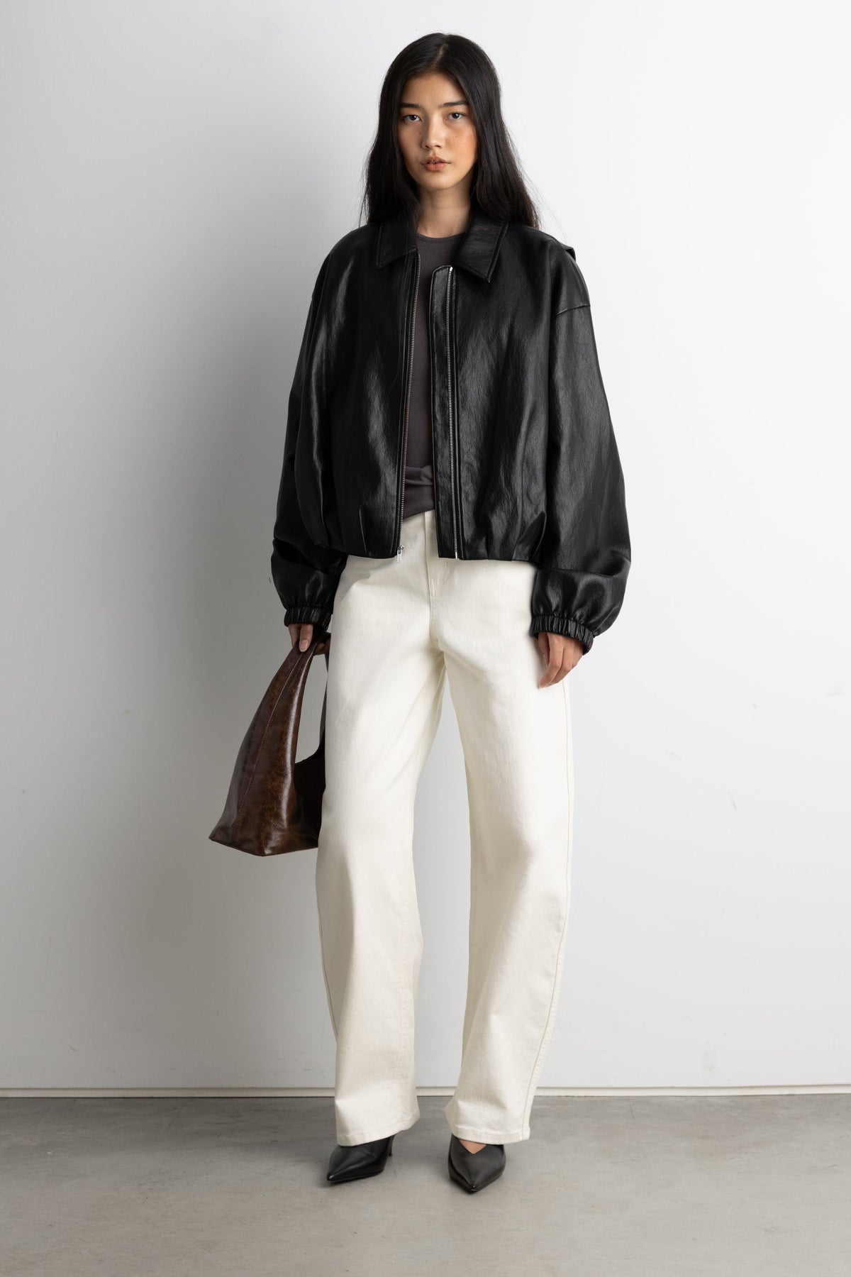 PUFFED VEGAN LEATHER BOMBER JACKET WITH PLEATS