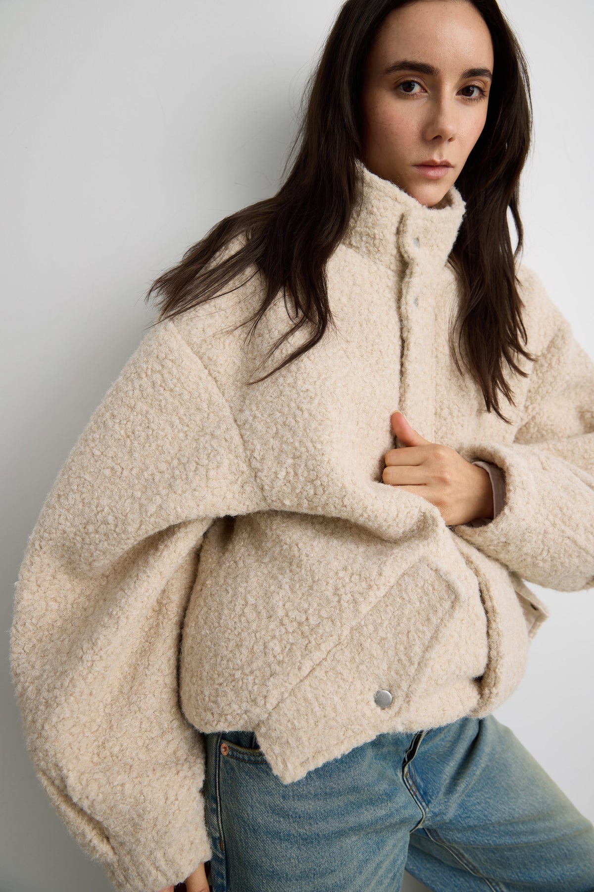 OVERSIZED BOUCLE JACKET WITH SNAP DETAIL