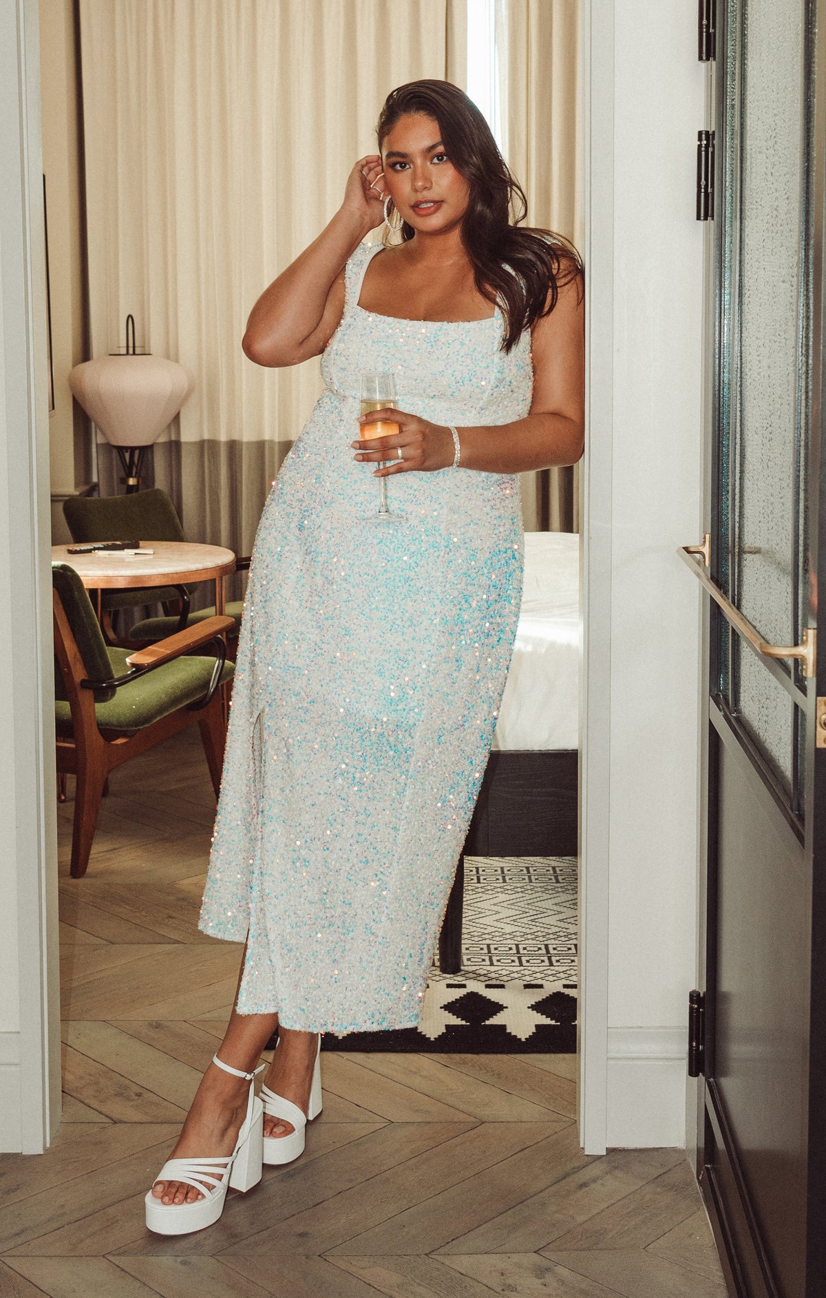 Eden Midi Dress ~ White Sparkle Sequins