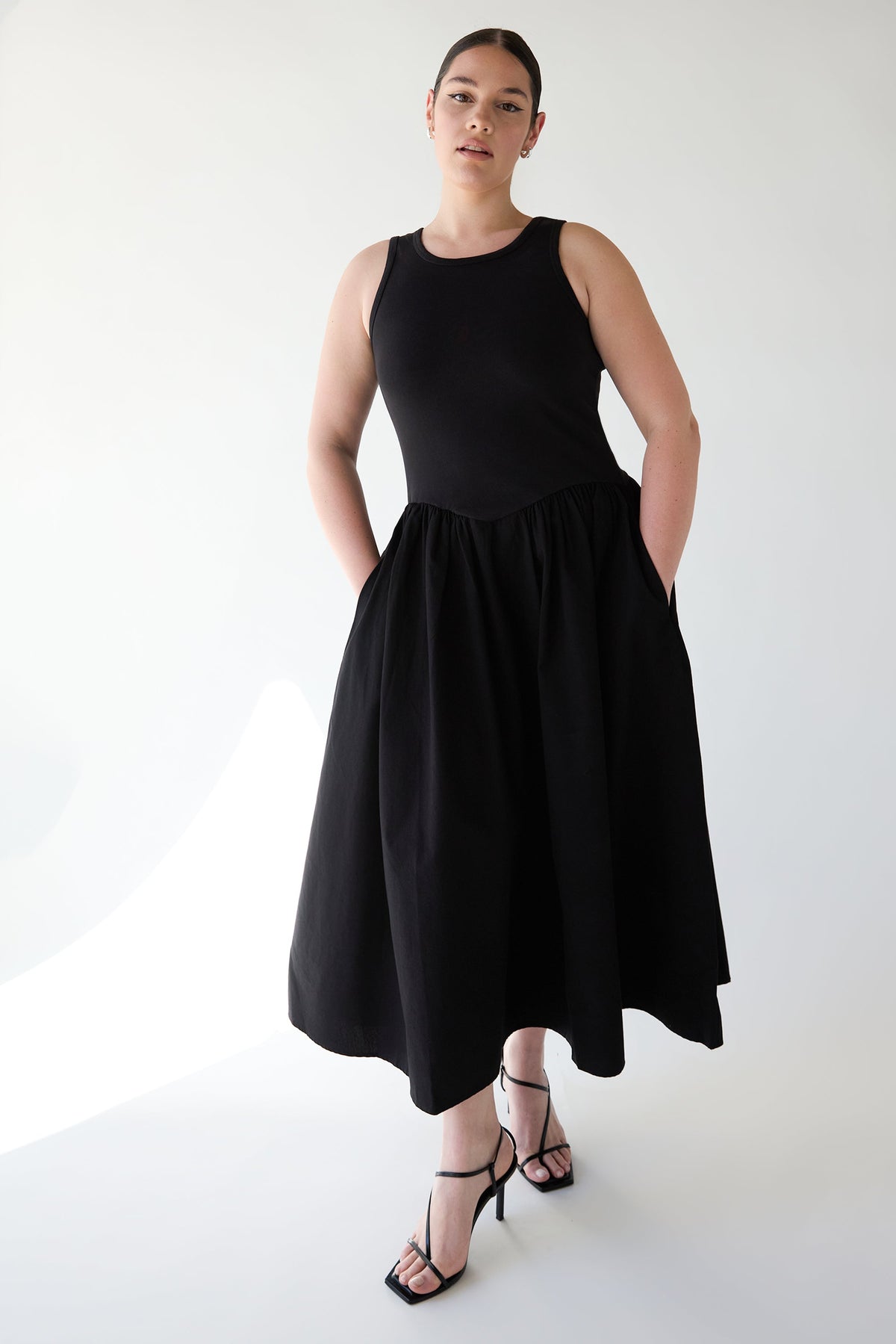 POPLIN RIB-KNIT DROP WAIST MIDI DRESS