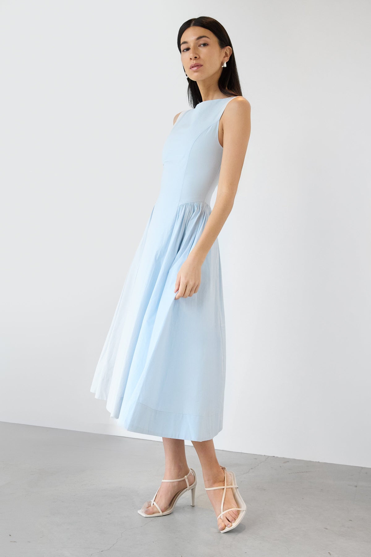 COTTON POPLIN HIGH NECK MIDI DRESS