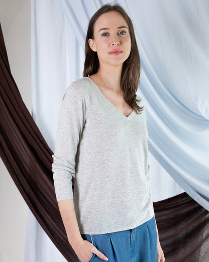 Marcelle Long T-Shirt (V-Neck) - Woodsmoke