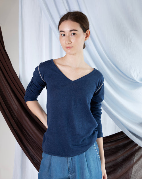 Marcelle Long T-Shirt (V-Neck) - Indigo Denim