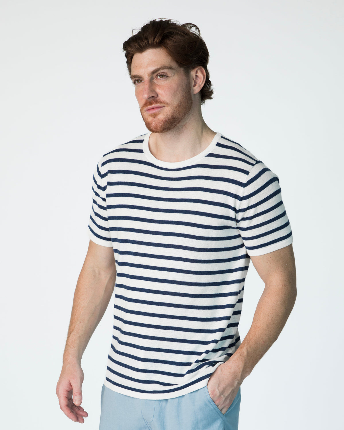 Marcel T-shirt (Round Neck) - White/Blue Stripes