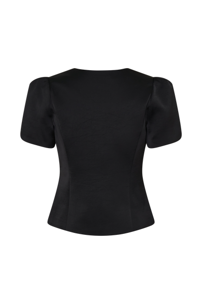 Anne Short Sleeve Satin Top - Black
