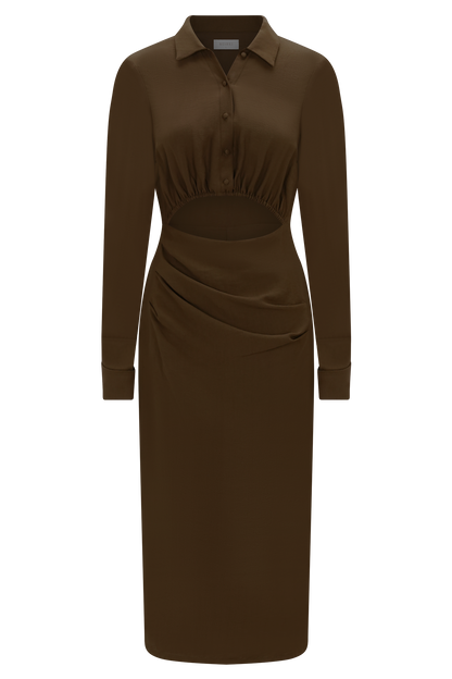 Cecilie Cut Out Shirt Midi Dress - Dark Chocolate