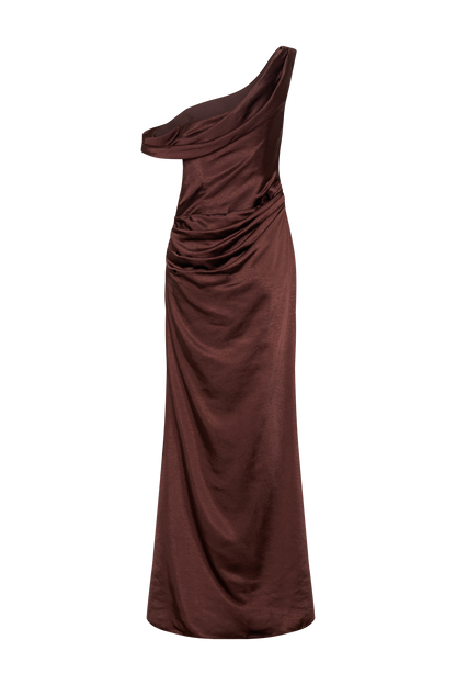 Dalia Off Shoulder Satin Maxi Dress - Dark Chocolate
