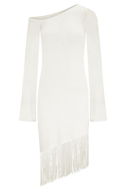 Kayden Fringe Off Shoulder Knit Mini Dress - Ivory