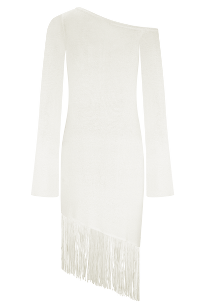 Kayden Fringe Off Shoulder Knit Mini Dress - Ivory